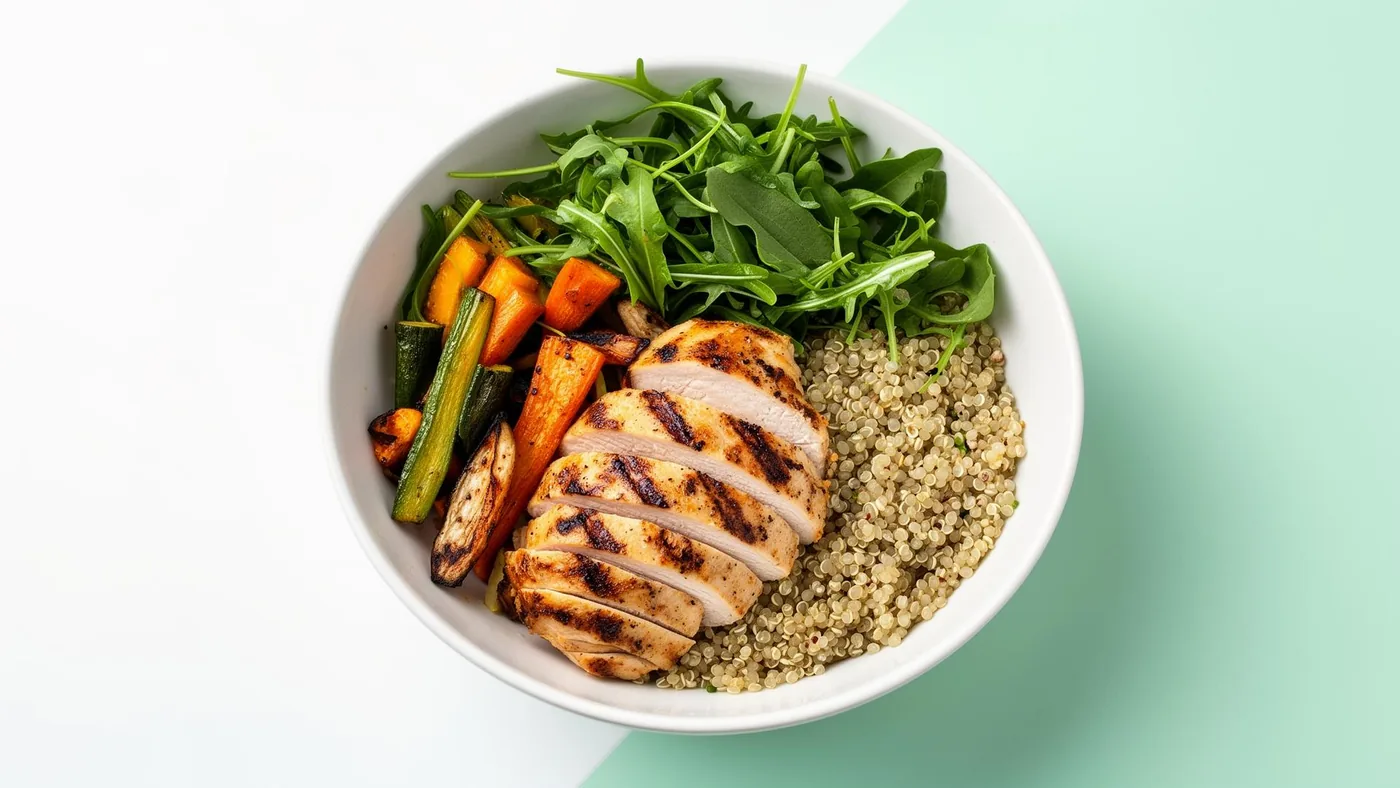 Fresh healthy meal bowl with grilled chicken, quinoa and vegetables